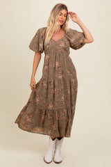 Olive Floral Tiered Puff Sleeve Maxi Dress