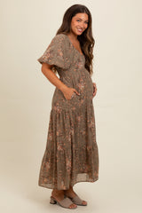 Olive Floral Tiered Puff Sleeve Maternity Maxi Dress