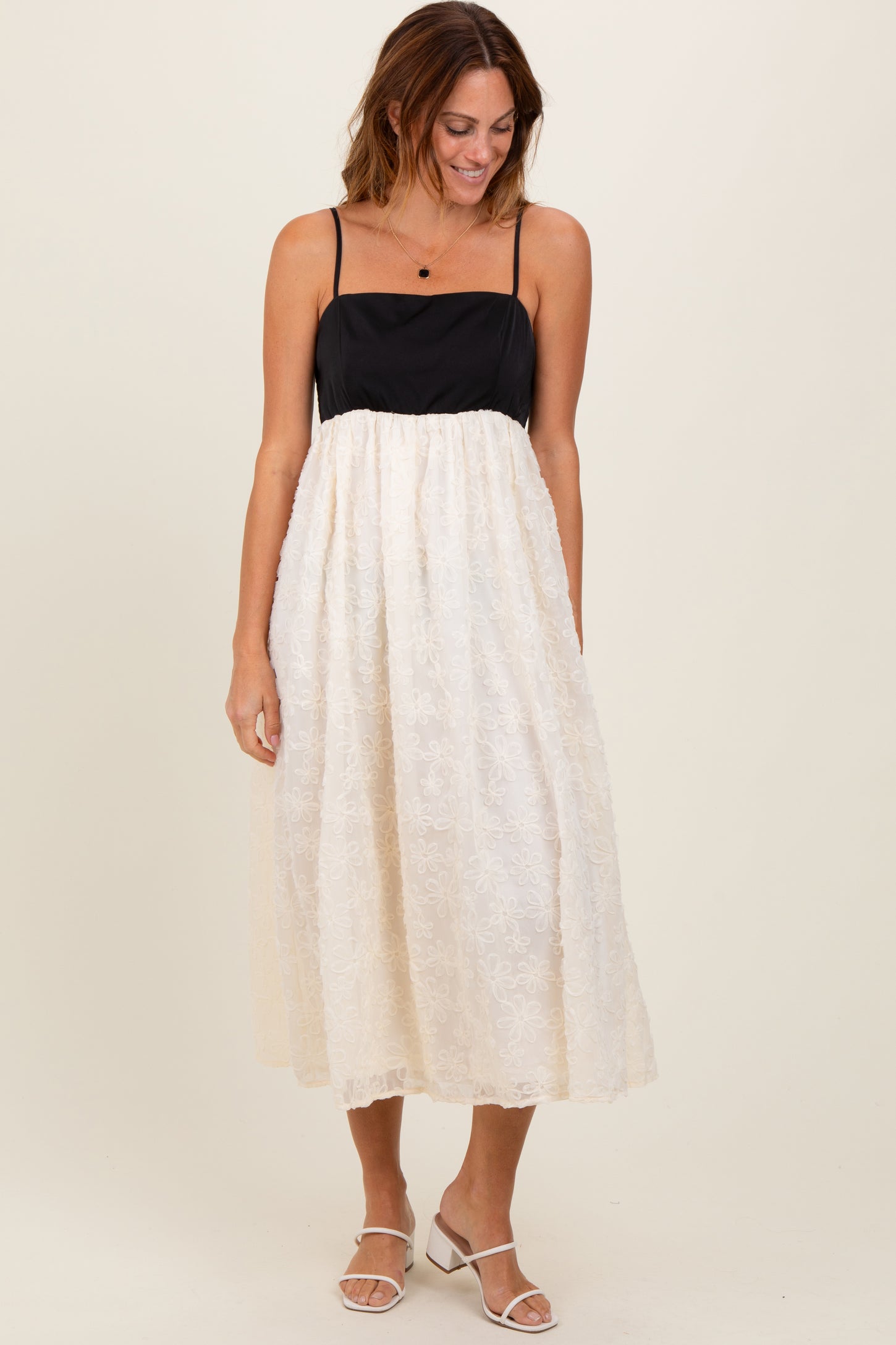 Cream Colorblock Lace Maternity Maxi Dress