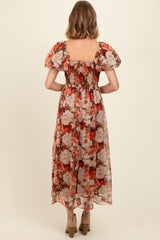 Rust Floral Puff Sleeve Maxi Dress