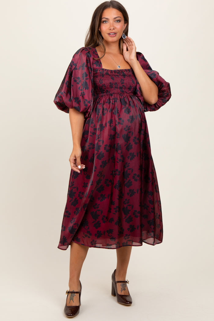 Burgundy Satin Floral Smocked Maternity Midi Dress