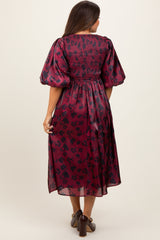 Burgundy Satin Floral Smocked Maternity Midi Dress