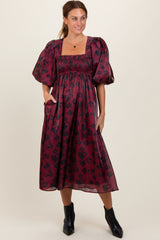 Burgundy Satin Floral Smocked Midi Dress