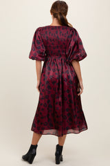 Burgundy Satin Floral Smocked Midi Dress