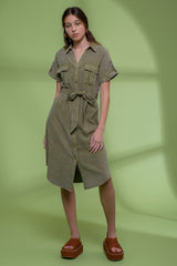 Dark Olive Washed Button Down Belted Midi Dress