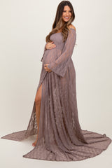 Mocha Lace Off Shoulder Maternity Photoshoot Gown/Dress