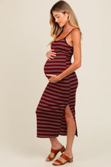 Burgundy Striped Ribbed Side Slit Maternity Midi Dress