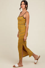 Yellow Striped Ribbed Side Slit Maternity Midi Dress