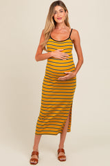 Yellow Striped Ribbed Side Slit Maternity Midi Dress