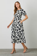 Ivory Floral Smocked Midi Dress