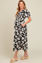 Black Floral Smocked Maternity Midi Dress