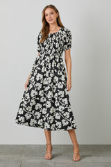 Black Floral Smocked Midi Dress