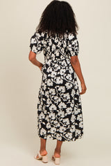 Black Floral Smocked Midi Dress