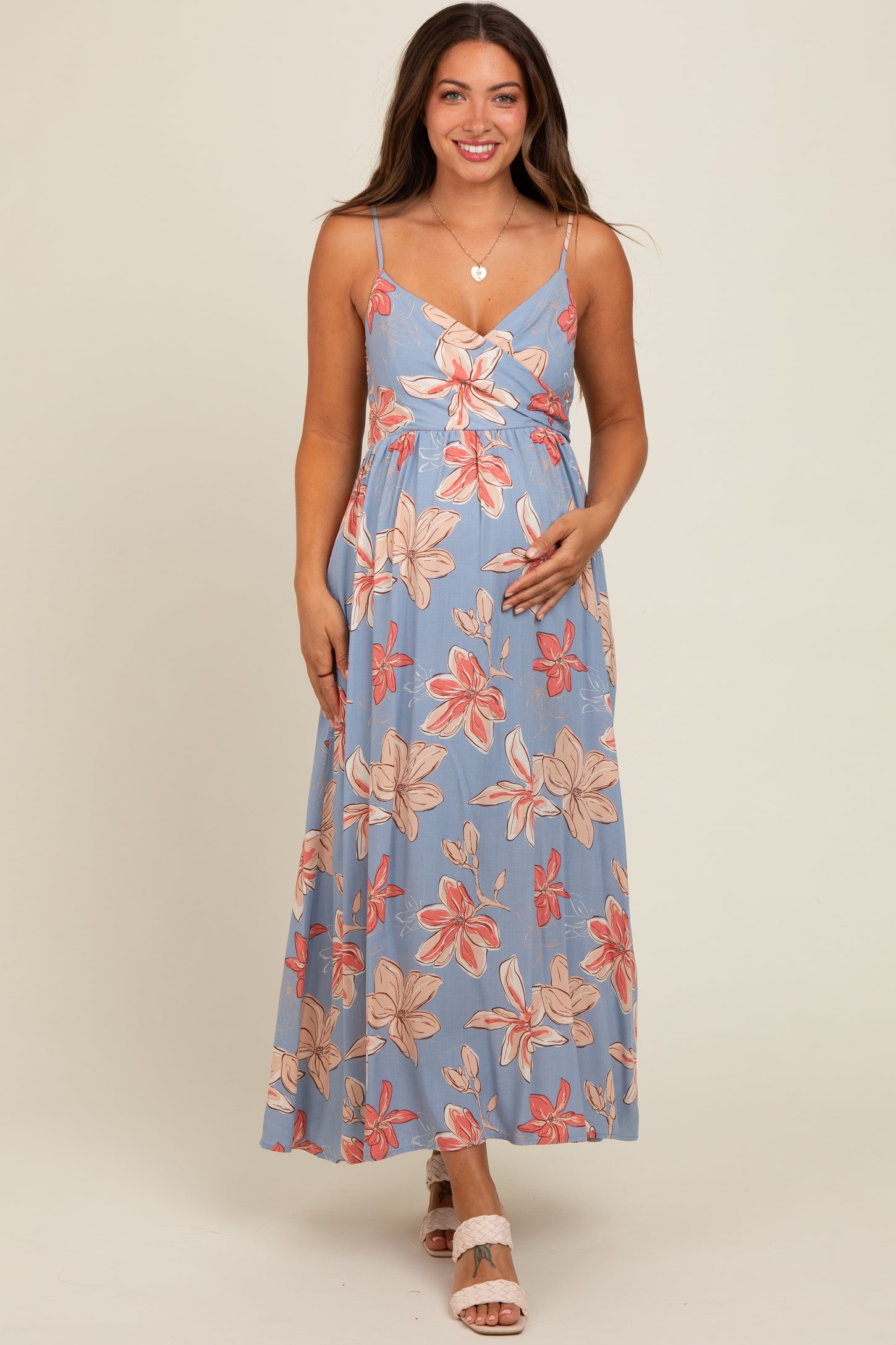 Blue Floral Crossover Neckline Maternity Maxi Dress