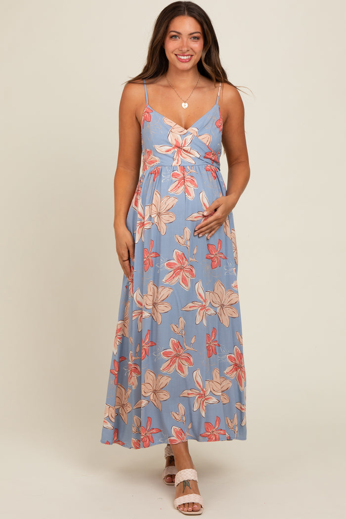 Blue Floral Crossover Neckline Maternity Maxi Dress