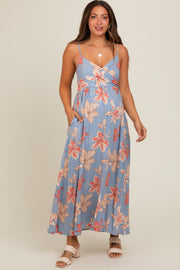 Blue Floral Crossover Neckline Maternity Maxi Dress