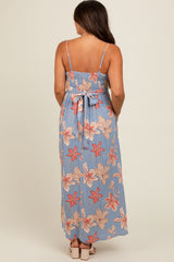 Blue Floral Crossover Neckline Maternity Maxi Dress