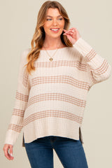 Beige Striped Waffle Knit Maternity Sweater