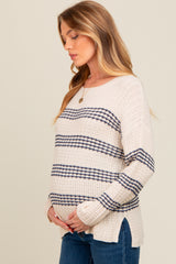 Navy Blue Striped Waffle Knit Maternity Sweater