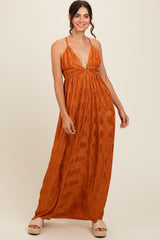 Camel Deep V-Neck Textured Satin Maxi Dress