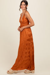 Camel Deep V-Neck Textured Satin Maxi Dress