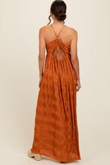 Camel Deep V-Neck Textured Satin Maxi Dress