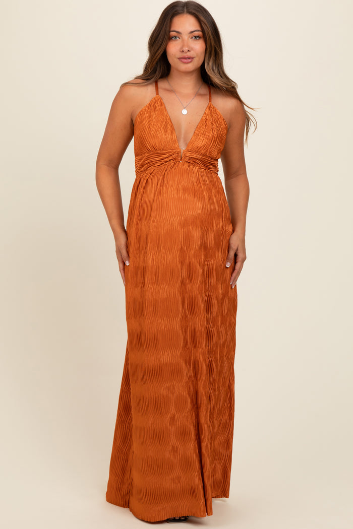 Camel Deep V-Neck Textured Satin Maternity Maxi Dress