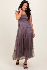 Mauve  Mesh Overlay Smocked Maternity Midi Dress