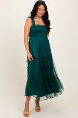 Green Mesh Overlay Smocked Maternity Midi Dress