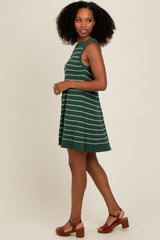 Forest Green Striped Knit Pleated A-Line Mini Dress