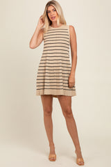 Beige Striped Knit Pleated A-Line Mini Dress