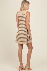 Beige Striped Knit Pleated A-Line Mini Dress