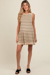 Beige Striped Knit Pleated Maternity A-Line Mini Dress