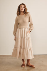 Beige Sweater Top Tiered Maternity Midi Dress