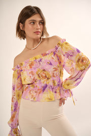 Lavender Floral Off-Shoulder Neck Chiffon Blouse