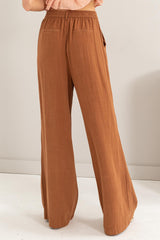 Brown Linen Blend Pleated Wide Leg Pants