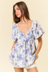 Denim Floral Print V-Wire Flutter Short Sleeve Babydoll Blouse