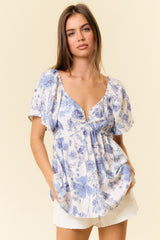 Denim Floral Print V-Wire Flutter Short Sleeve Babydoll Blouse