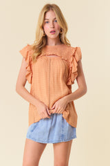 Tangerine Smocked Yoke Ruffle Woven Blouse With Lace Trim