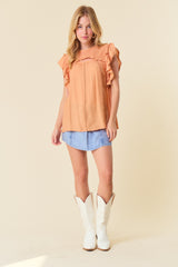 Tangerine Smocked Yoke Ruffle Woven Blouse With Lace Trim