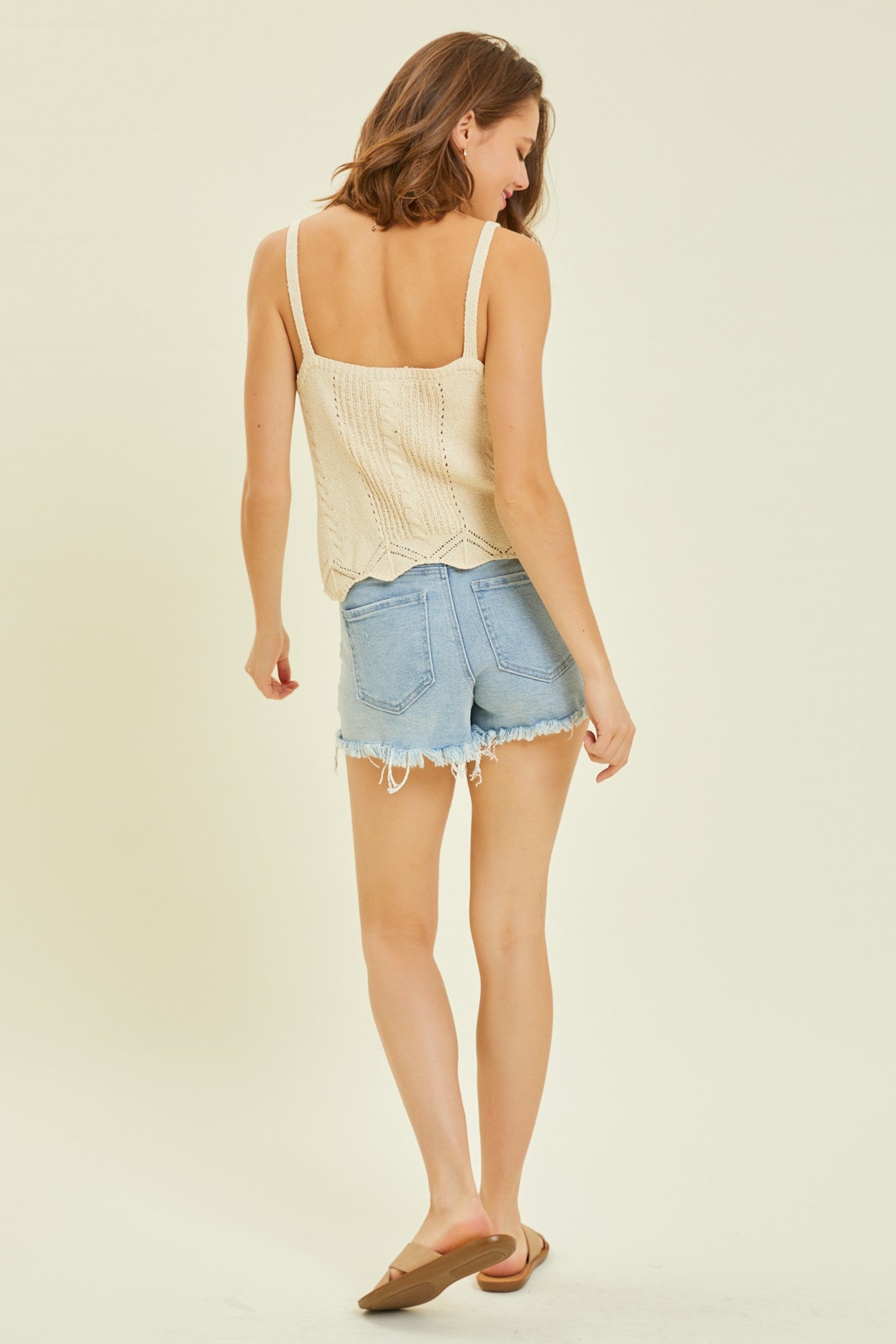 Cream Crop V-Neck Sweater Tank Top With Scalloped Hem