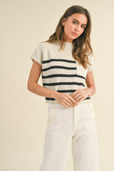 White Charcoal Half Mock Neck Striped Knit Top