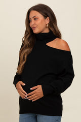 Black Cold Shoulder Turtle Neck Maternity Sweater