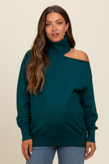 Dark Teal Cold Shoulder Turtle Neck Maternity Sweater