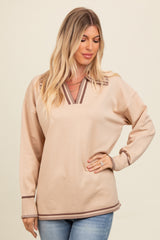 Beige Contrast Trim Collared Sweater