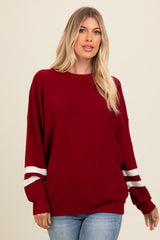 Burgundy Striped Sleeve Relaxed Fit Sweater