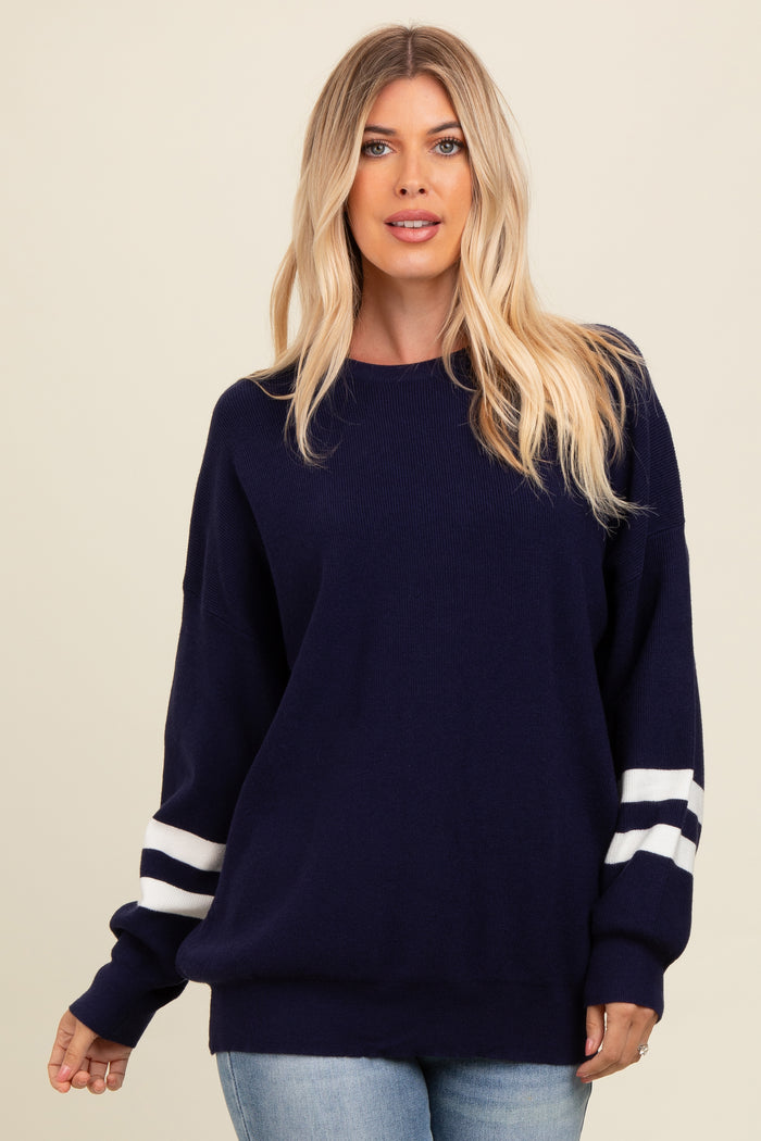 Navy Striped Sleeve Relaxed Fit Sweater