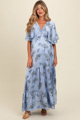 Light Blue Floral Deep V-Neck Maternity Maxi Dress