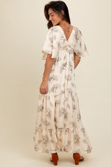 Cream Floral Deep V-Neck Maxi Dress