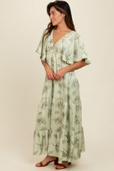 Light Olive Floral Deep V-Neck Maxi Dress